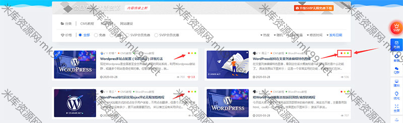 WordPress主题RIPRO美化列表页面右上角彩色圆点效果-米酷主题